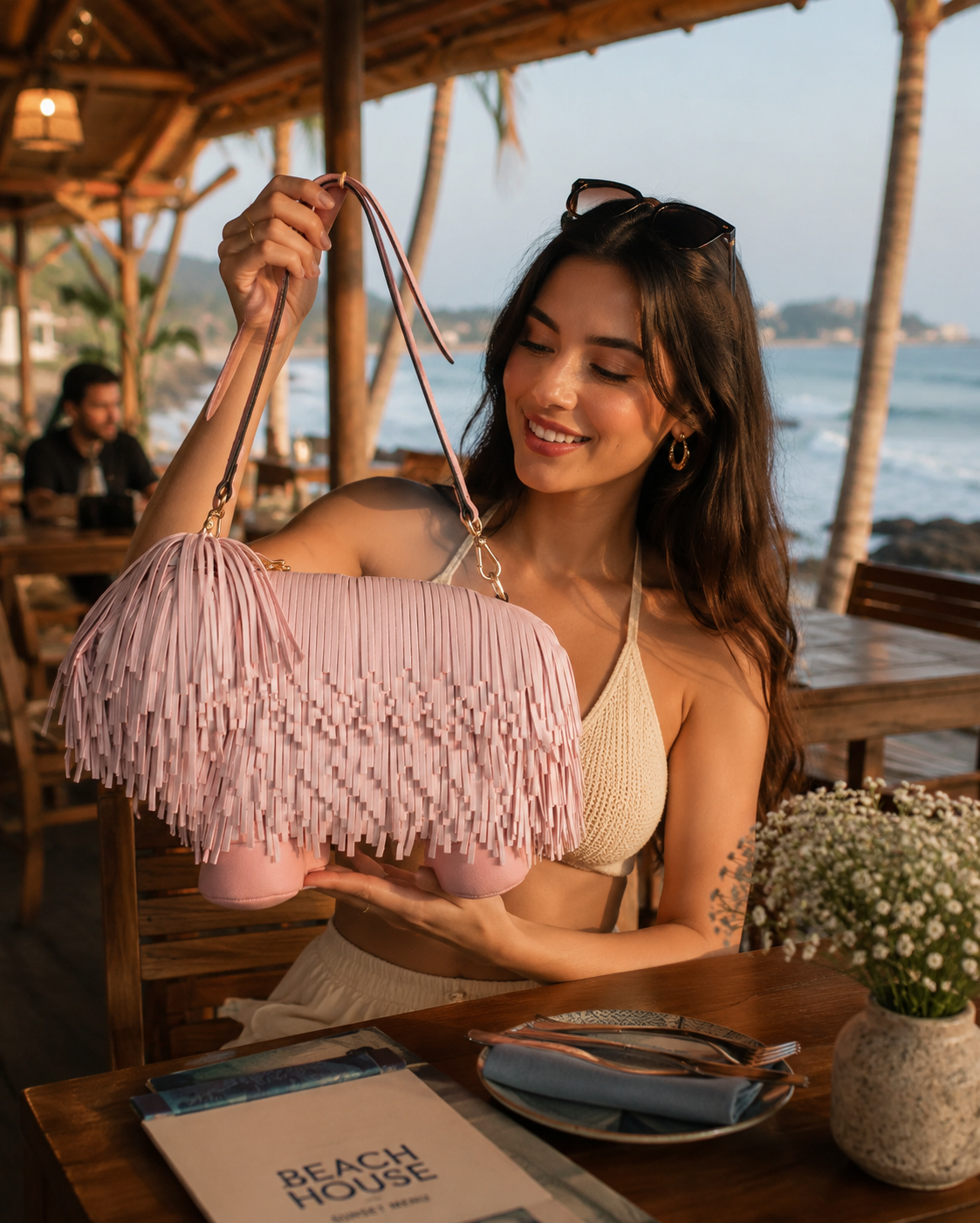 Pink  fringe Pup Bag