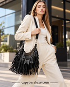 Black Leather Fringe Crossbody Bag for Women | Capybaraluxe