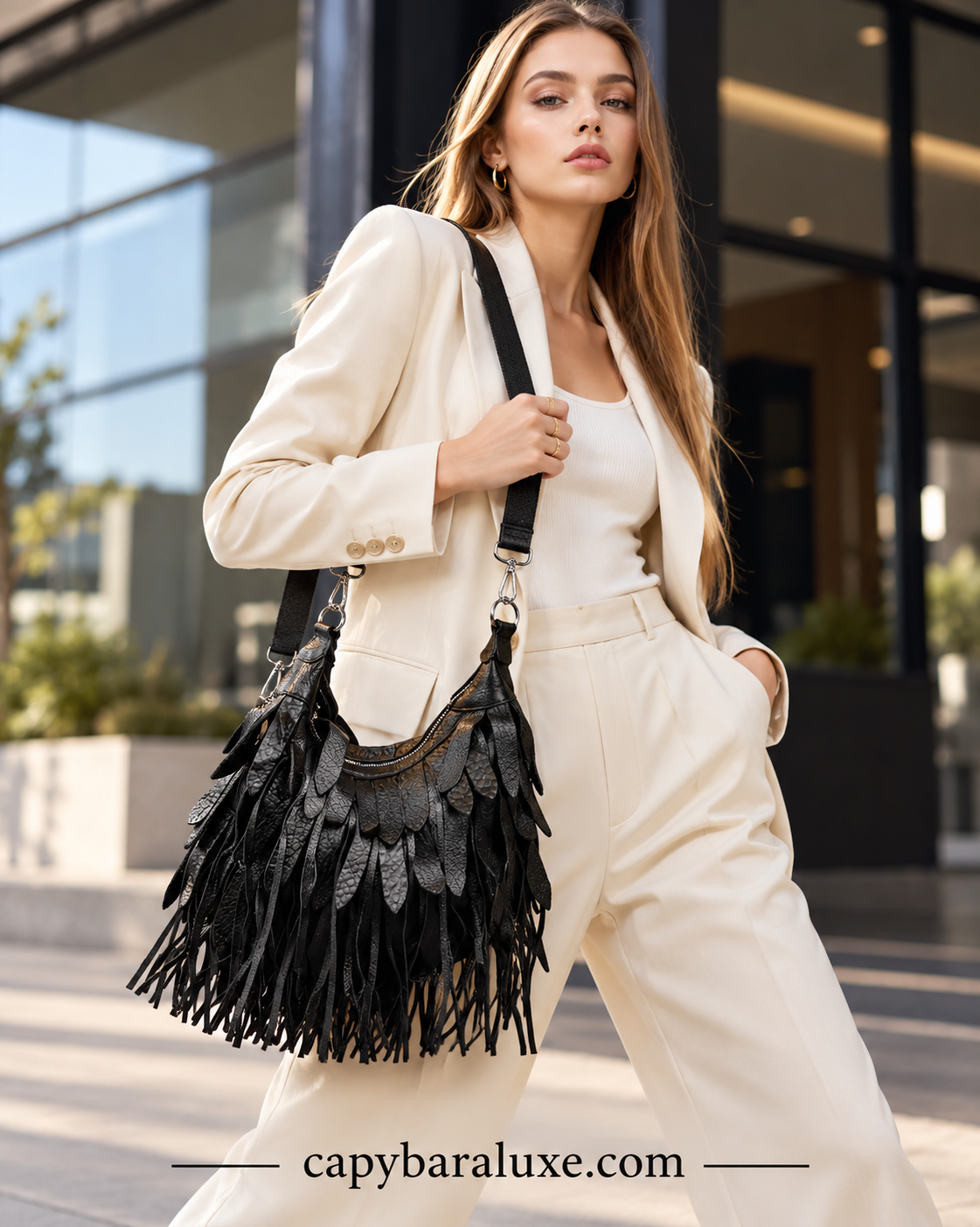 Black Leather Fringe Crossbody Bag for Women | Capybaraluxe