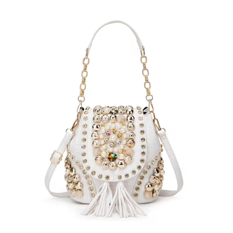 White Embellished Pearl & Gold Beardwork  Handbag