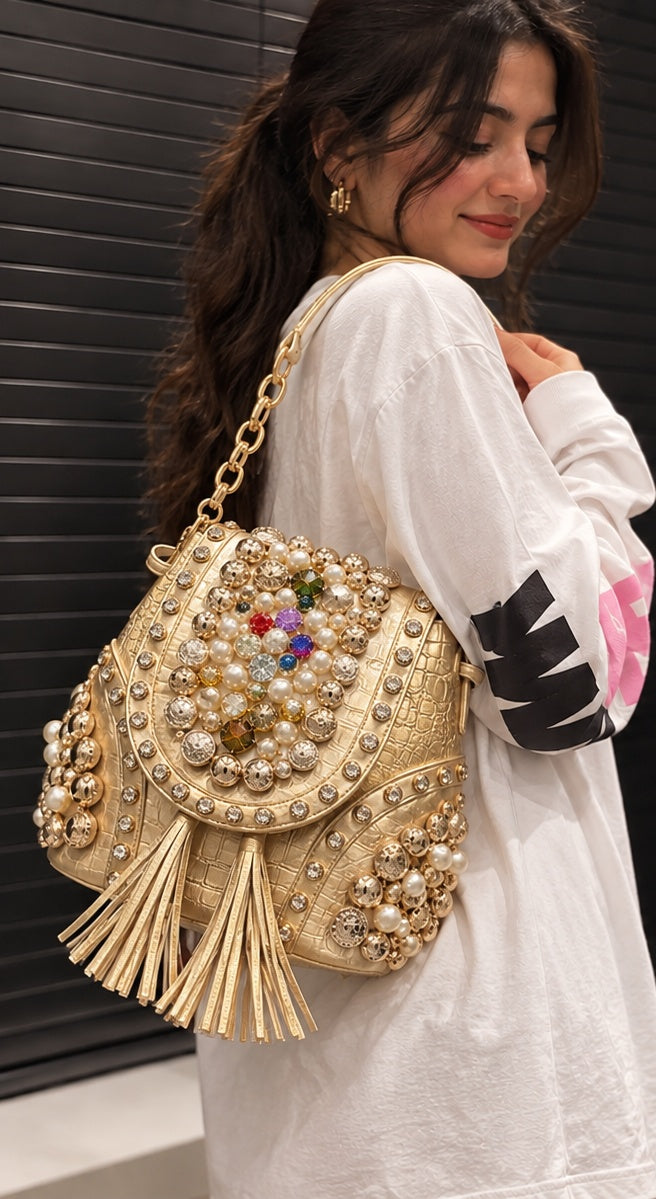 Golden Pearl Handcrafted Statement Clutch