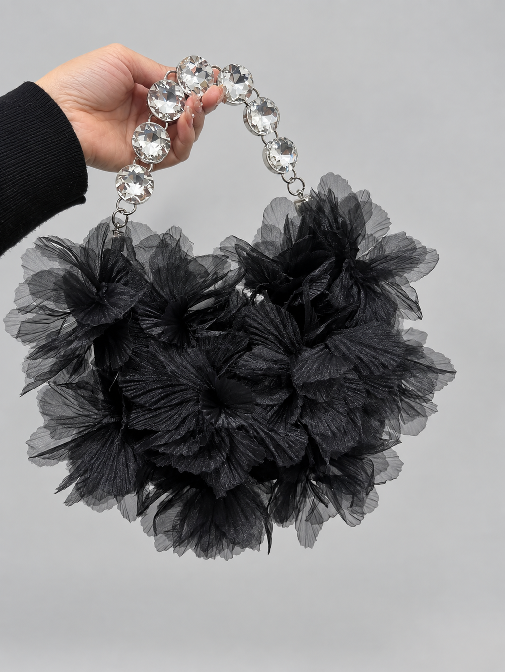 Black Floral Crystal Handle Bag