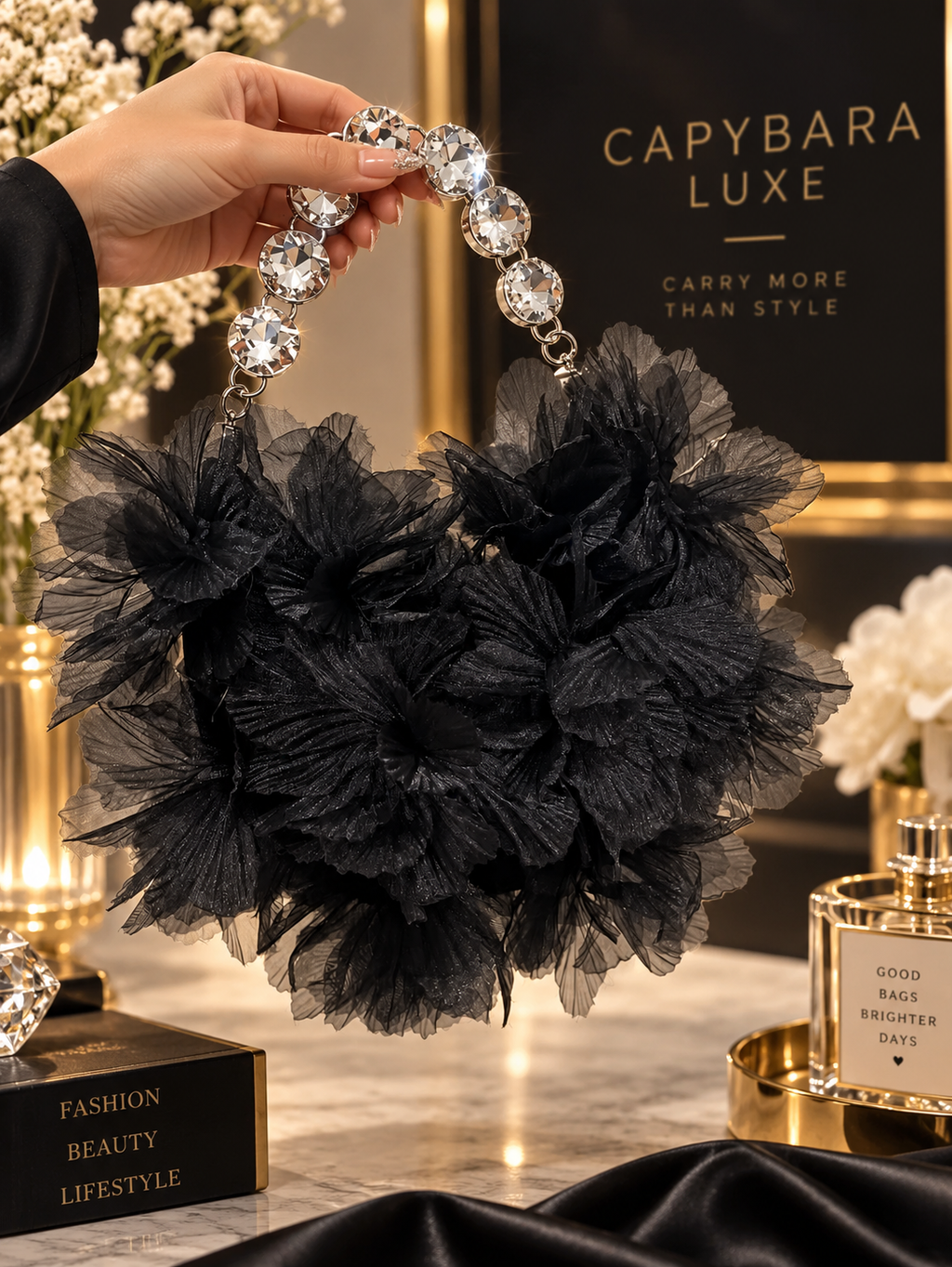 Black Floral Crystal Handle Bag