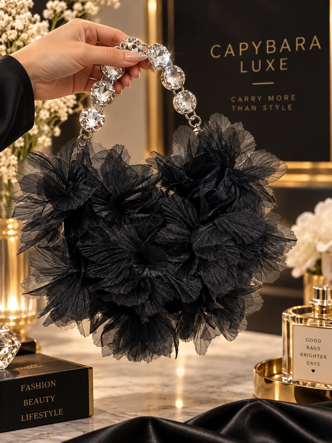 Black Floral Crystal Handle Bag