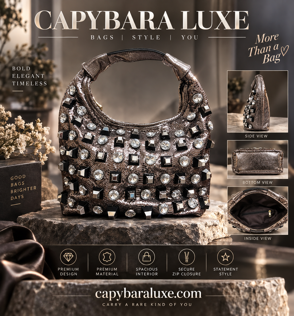Capybara Luxe Silver Crystal Embellished Statement Handbag