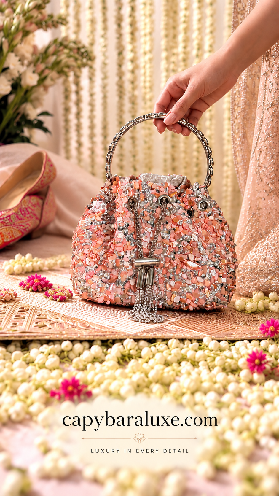 Capybara Luxe Pearl Blossom Potli Bag – Luxury Festive Handbag