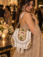 White Embellished Pearl & Gold Beardwork  Handbag