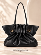Women’s Black Ruched Leather Tote Bag with Gold-Tone Hardware