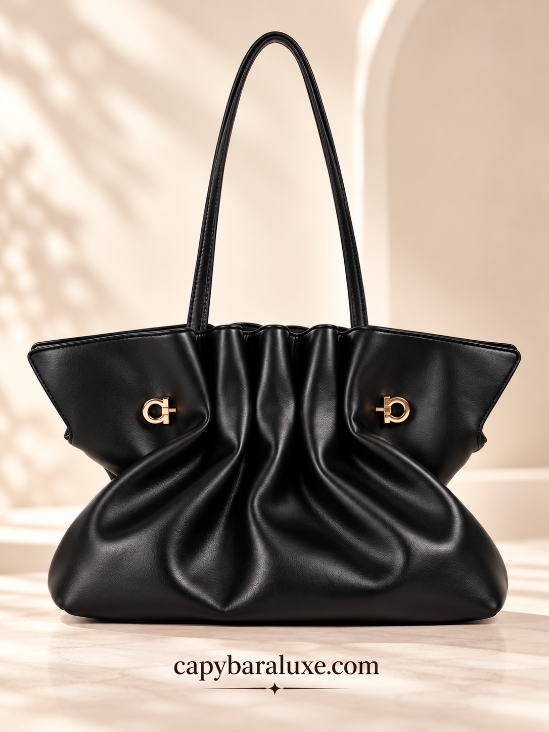 Women’s Black Ruched Leather Tote Bag with Gold-Tone Hardware