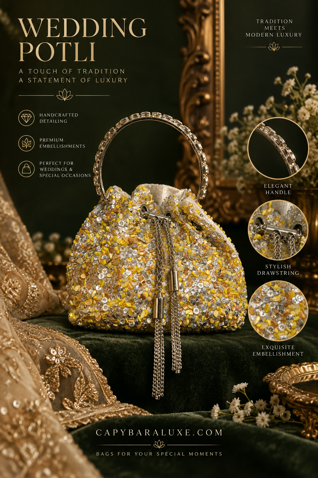 Capybara Luxe Bridal Pearl Potli Bag – Gold & Silver