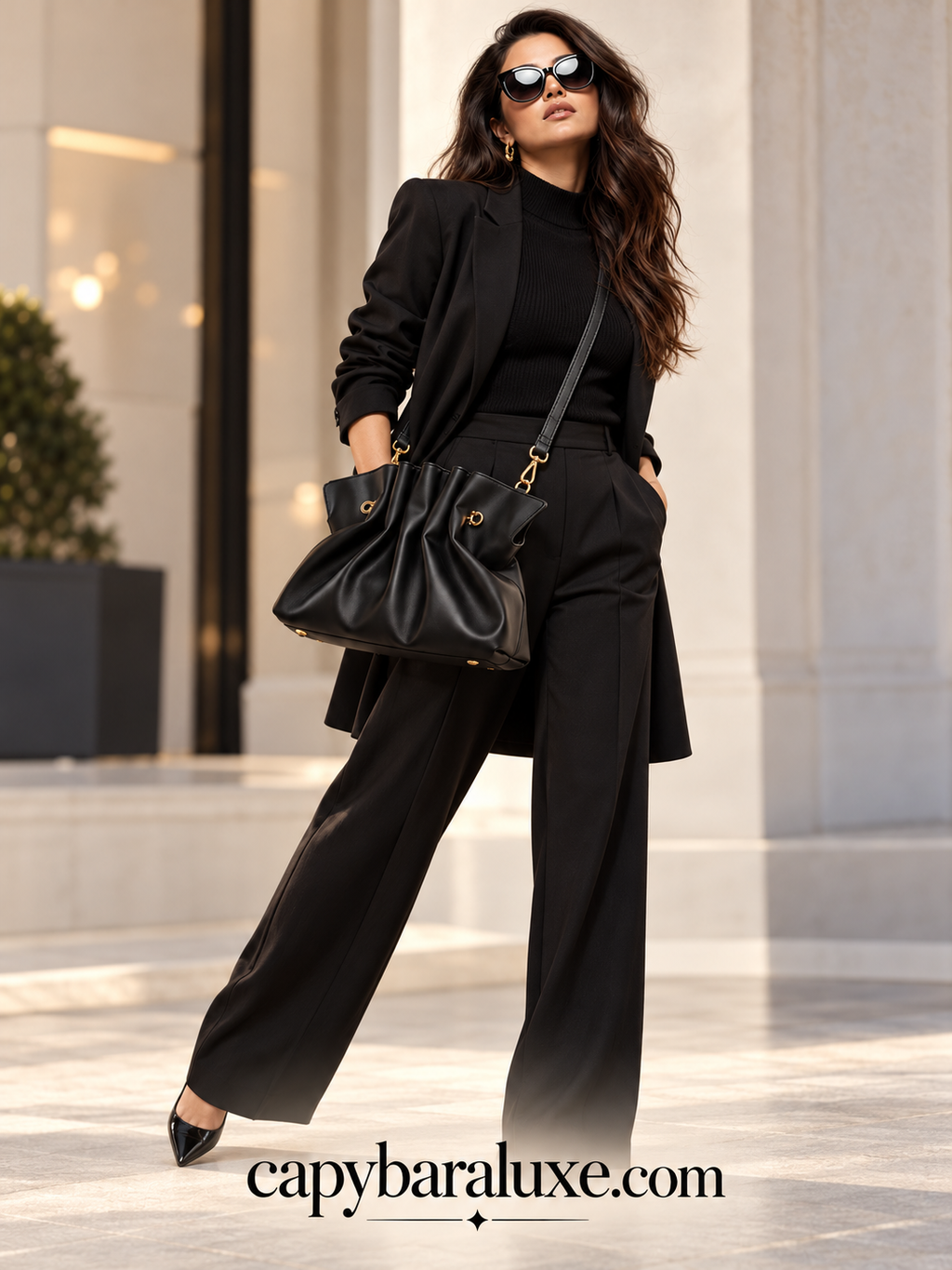 Women’s Black Ruched Leather Tote Bag with Gold-Tone Hardware