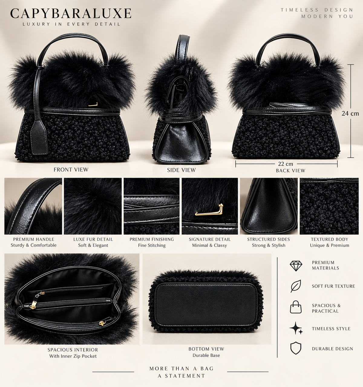 Black Fur Premium HandBag