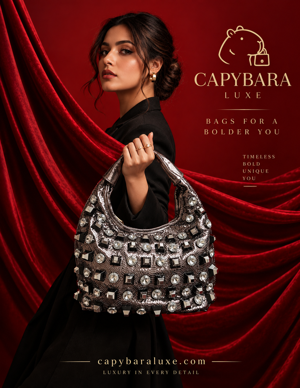 Capybara Luxe Silver Crystal Embellished Statement Handbag
