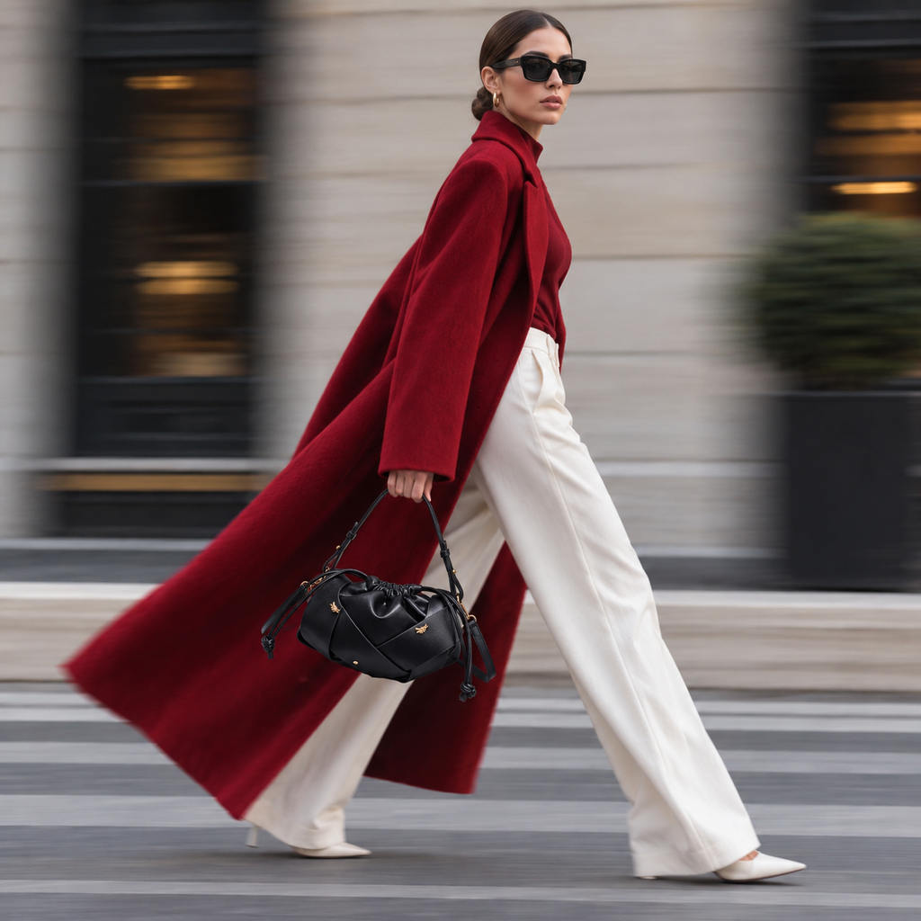 A woman walking outdoors in a city setting, wearing a long burgundy coat, white wide-leg pants, black sunglasses, and carrying a black handbag.