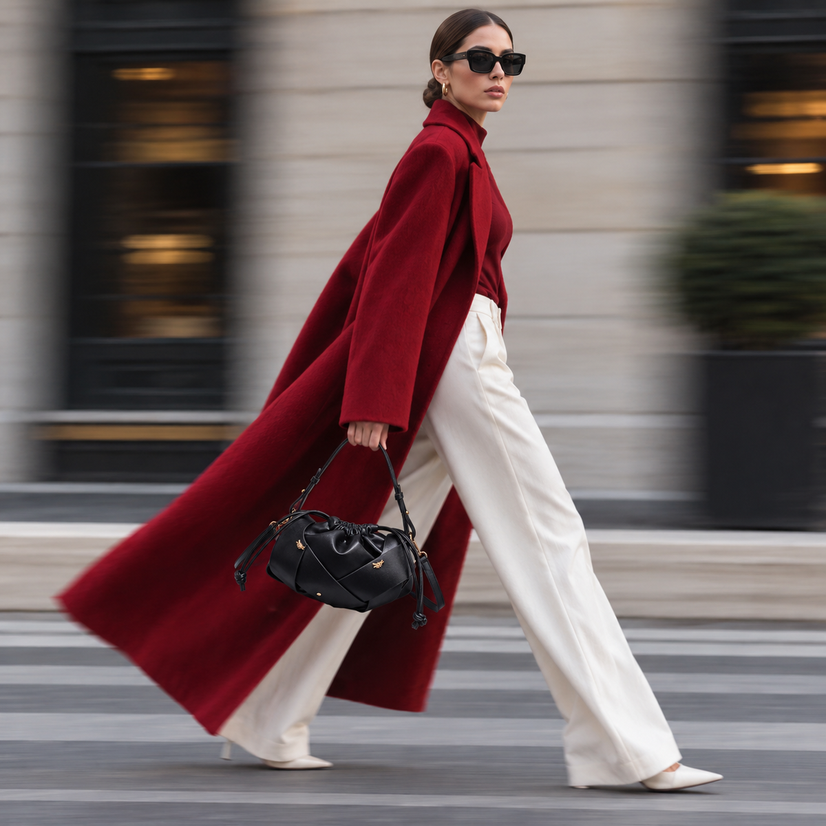 A woman walking outdoors in a city setting, wearing a long burgundy coat, white wide-leg pants, black sunglasses, and carrying a black handbag.