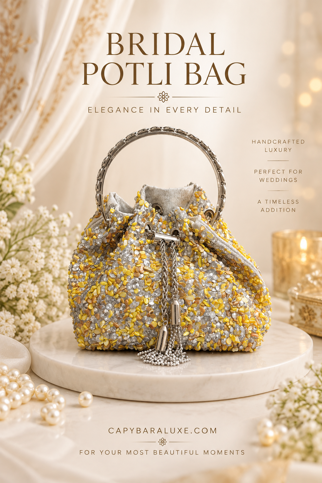 Capybara Luxe Bridal Pearl Potli Bag – Gold & Silver