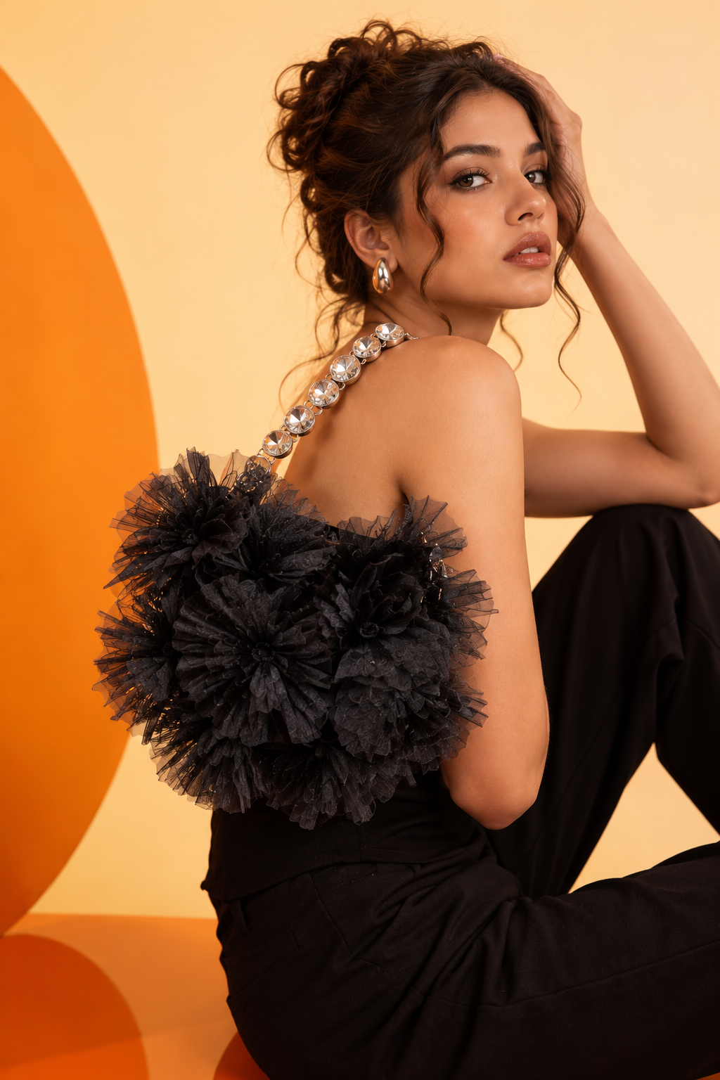 Black Floral Crystal Handle Bag
