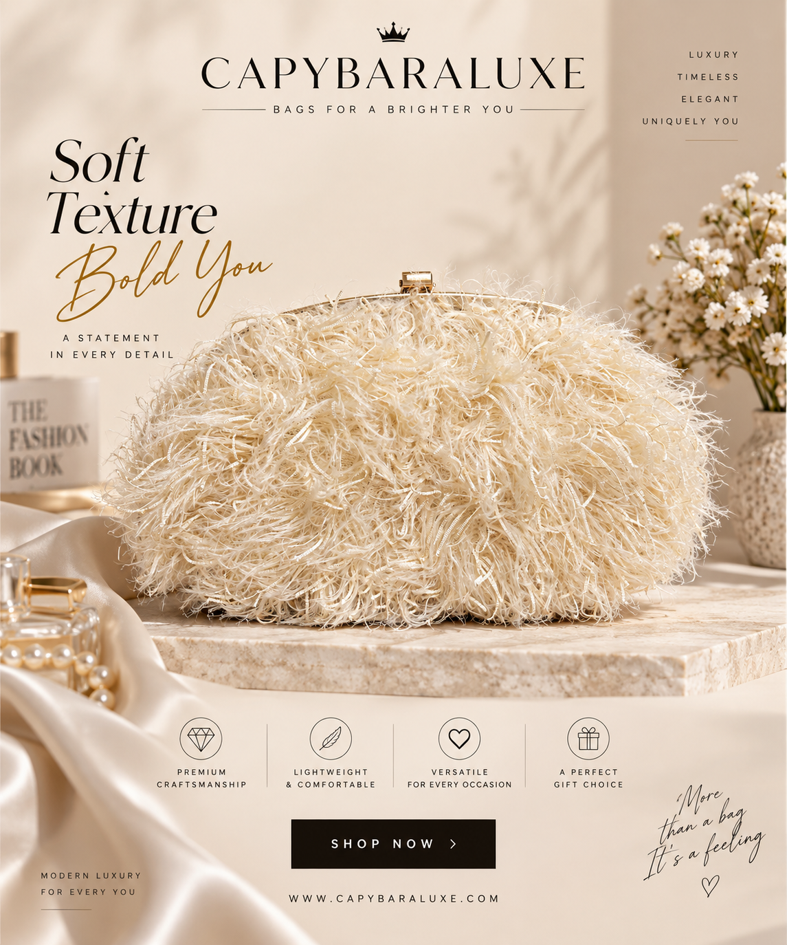 Cream Fur Luxury Clutch Bag