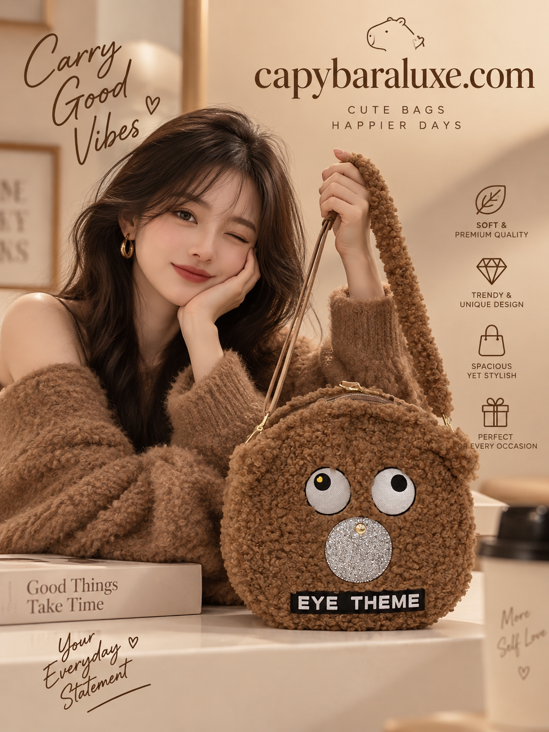Brown Plush Owl Shoulder Bag