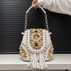 White Embellished Pearl & Gold Beardwork  Handbag
