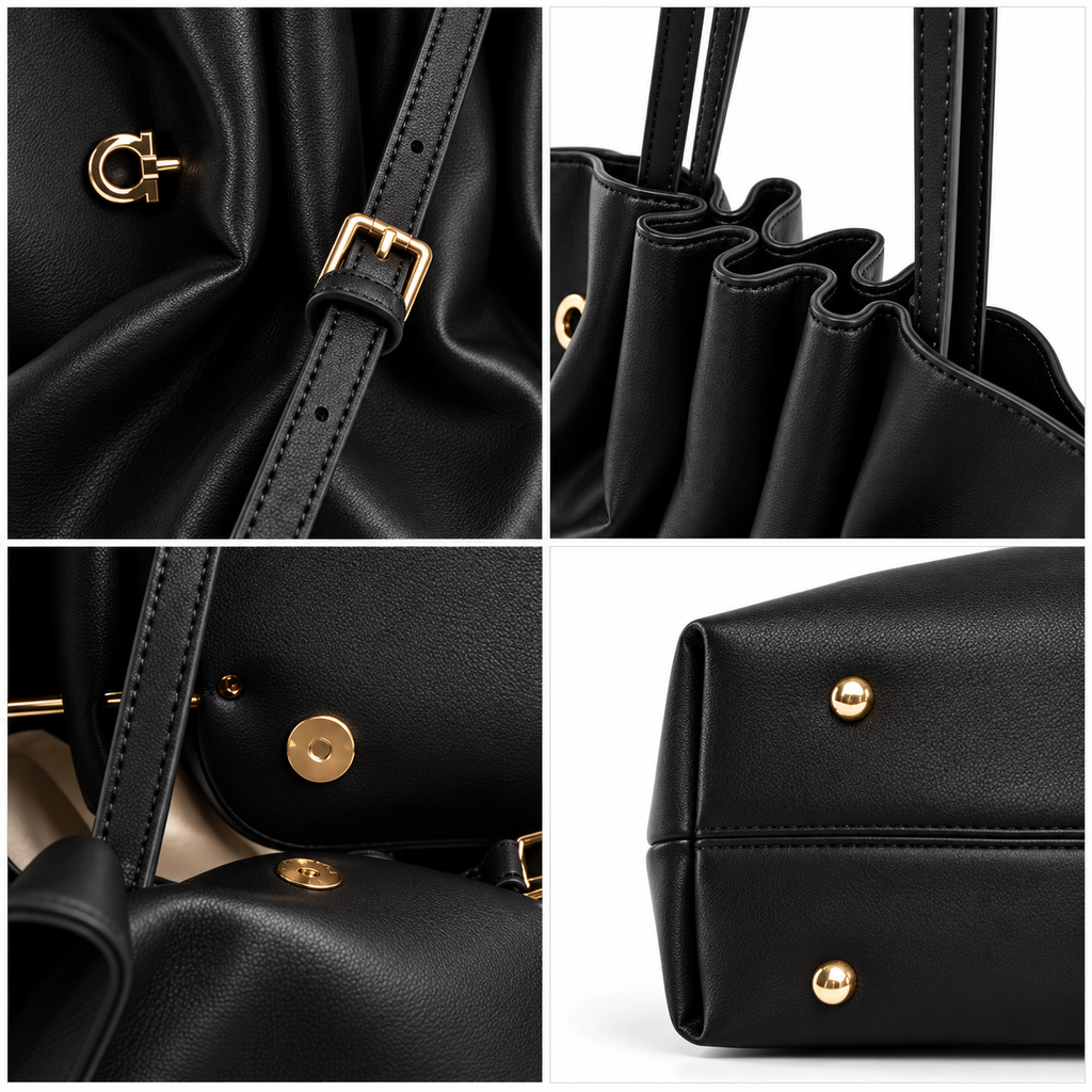Women’s Black Ruched Leather Tote Bag with Gold-Tone Hardware