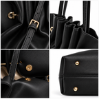 Women’s Black Ruched Leather Tote Bag with Gold-Tone Hardware