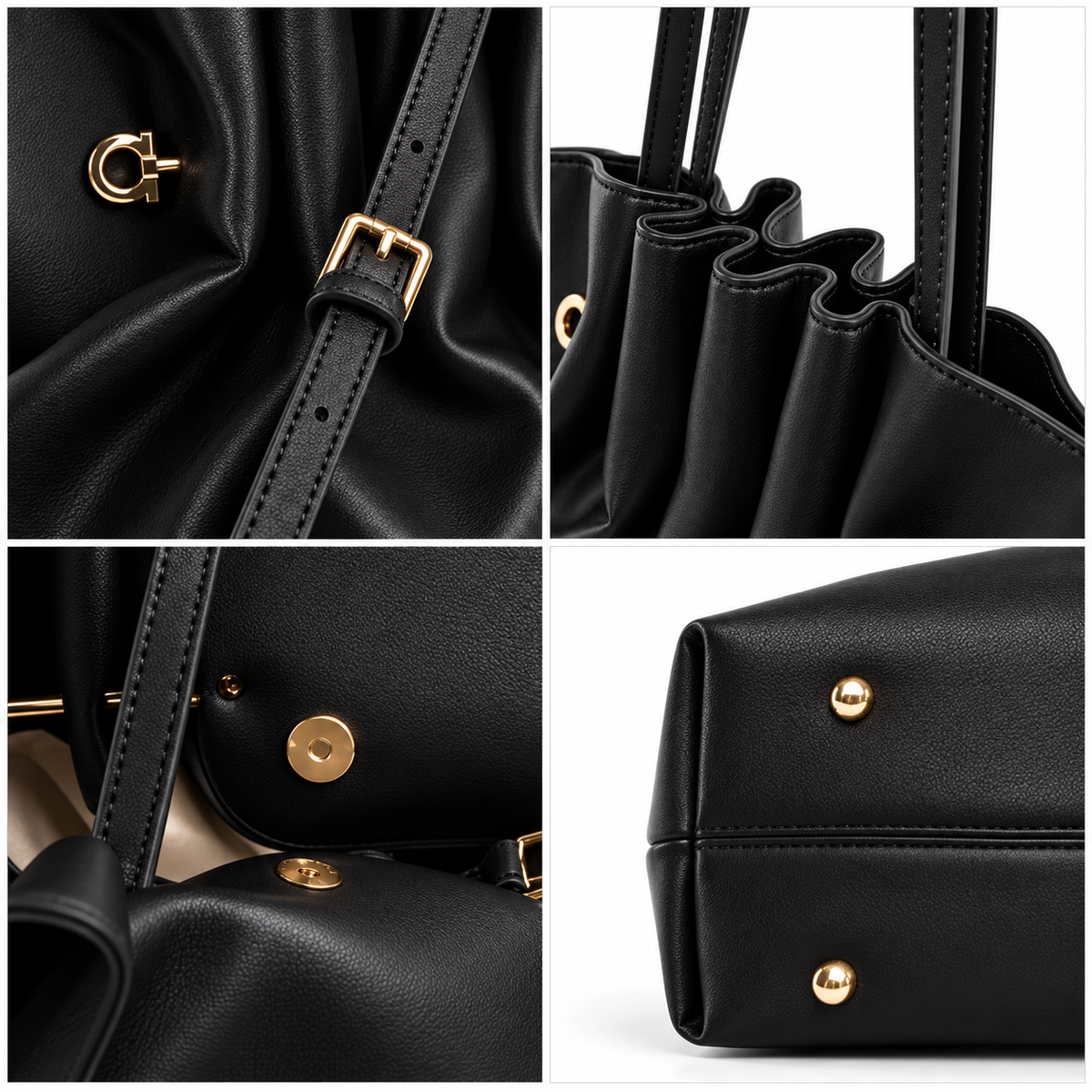 Women’s Black Ruched Leather Tote Bag with Gold-Tone Hardware
