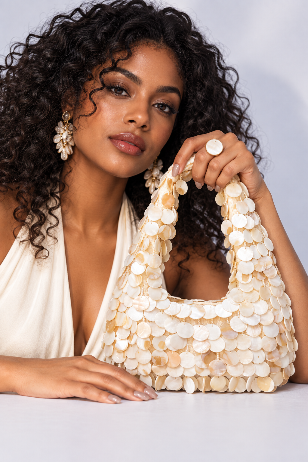 White Shell Beaded Shoulder Bag
