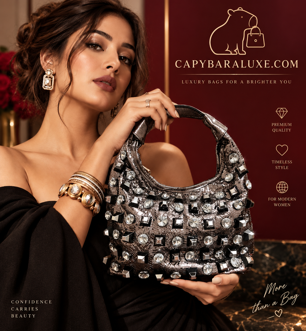 Capybara Luxe Silver Crystal Embellished Statement Handbag