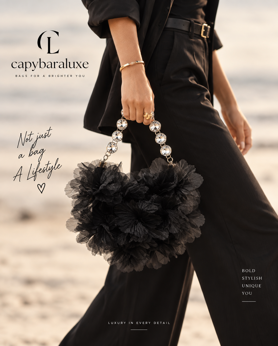 Black Floral Crystal Handle Bag