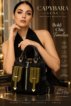 A woman in a black sleeveless dress holds a black handbag with olive green textured front panels and gold-tone hardware. The image includes promotional text for CAPYBARA LUXE and feature callouts on the right side.