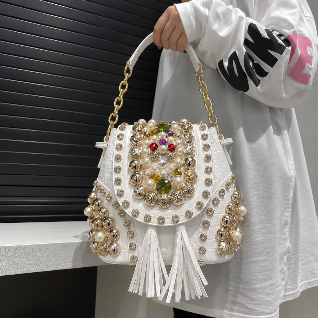 White Embellished Pearl & Gold Beardwork  Handbag