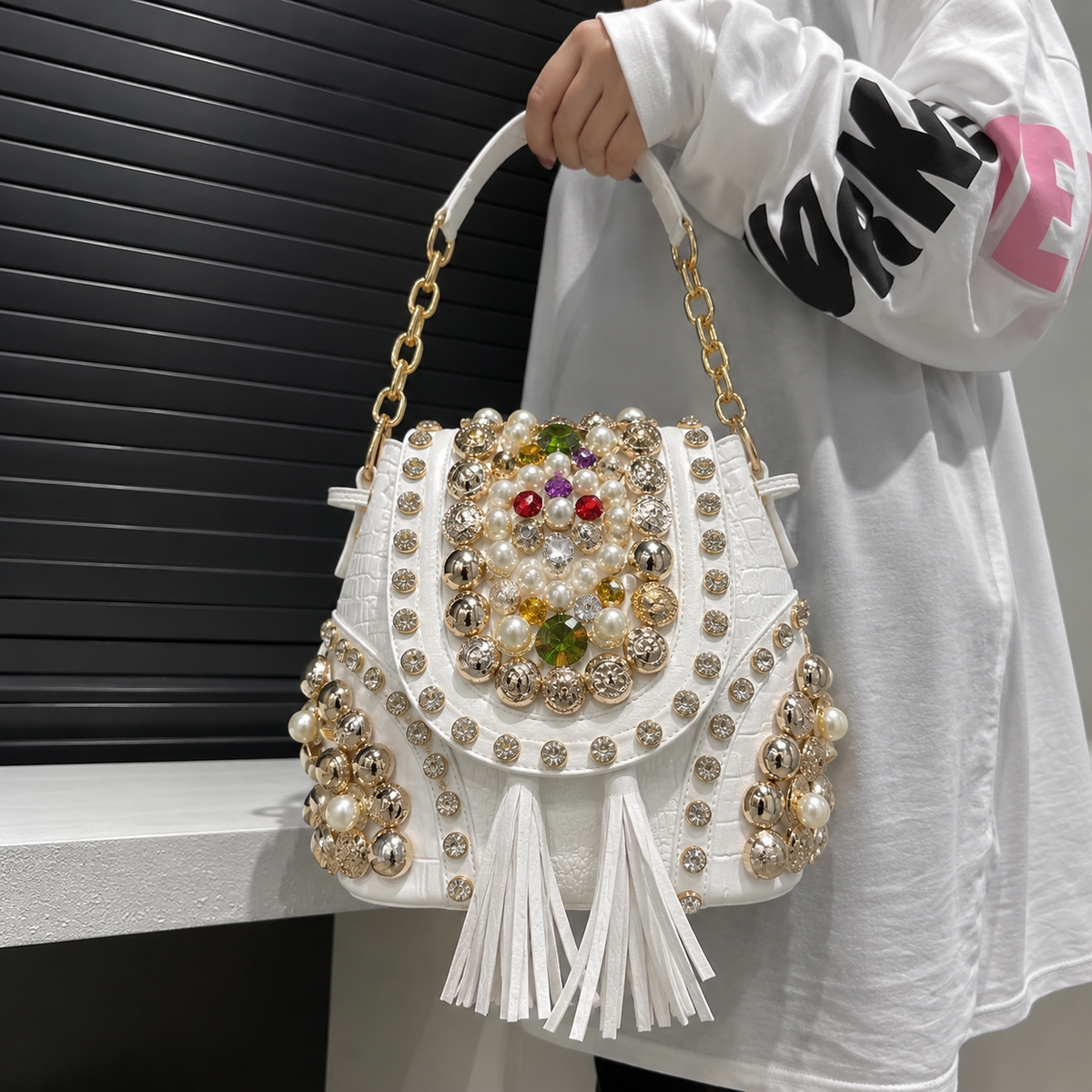 White Embellished Pearl & Gold Beardwork  Handbag
