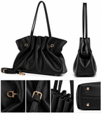 Women’s Black Ruched Leather Tote Bag with Gold-Tone Hardware