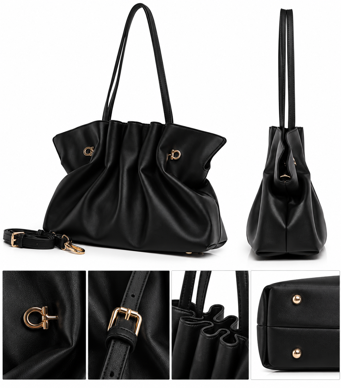 Women’s Black Ruched Leather Tote Bag with Gold-Tone Hardware