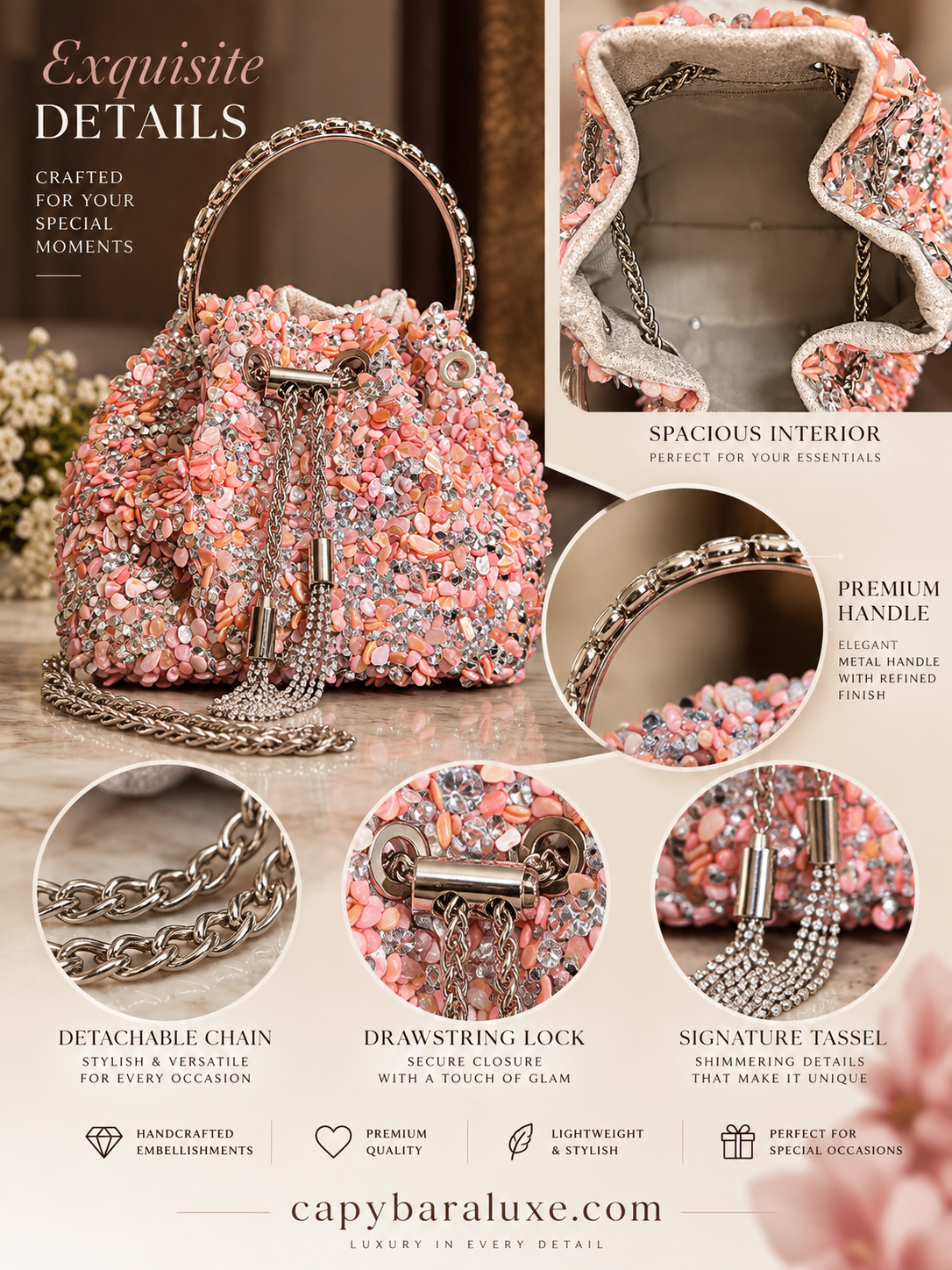 Capybara Luxe Pearl Blossom Potli Bag – Luxury Festive Handbag