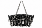 A black leather shoulder bag adorned with numerous silver zipper pulls, charms, and chain details, featuring a silver chain strap, set against a plain white background.