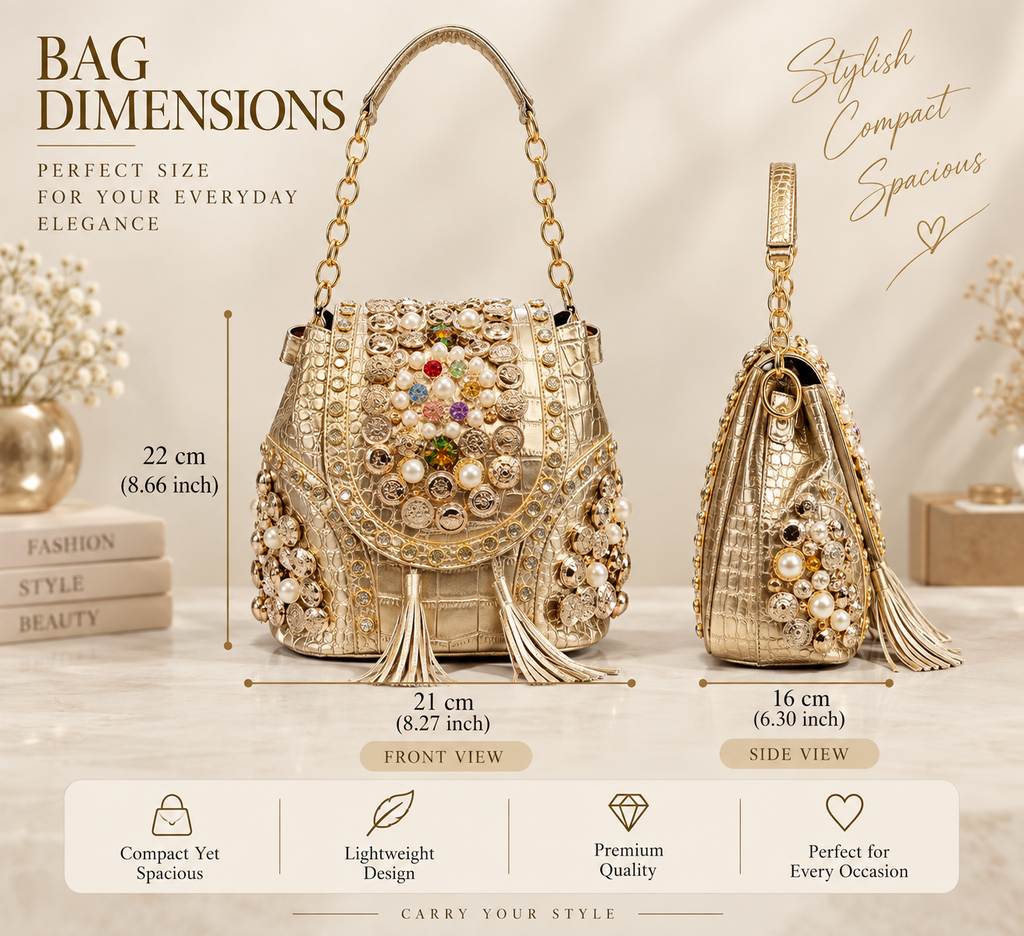 An ornate gold handbag shown with dimension callouts and multiple views on a styled beige background. The image includes text reading 'BAG DIMENSIONS' with measurements for front and side views, plus marketing phrases such as 'Stylish Compact Spacious' and feature icons for compact size, lightweight design, premium quality, and suitability for every occasion.