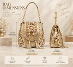 An ornate gold handbag shown with dimension callouts and multiple views on a styled beige background. The image includes text reading 'BAG DIMENSIONS' with measurements for front and side views, plus marketing phrases such as 'Stylish Compact Spacious' and feature icons for compact size, lightweight design, premium quality, and suitability for every occasion.