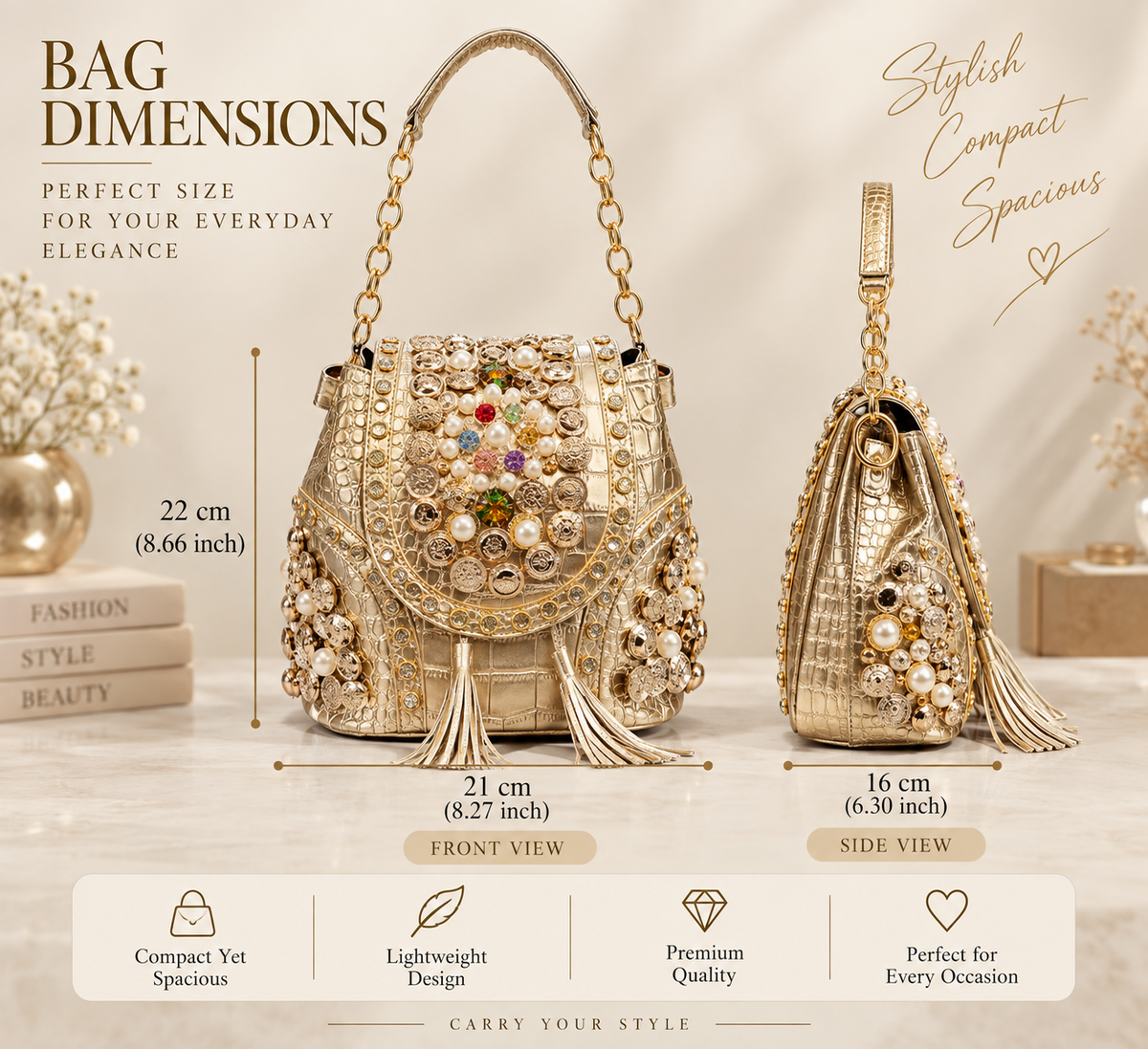 An ornate gold handbag shown with dimension callouts and multiple views on a styled beige background. The image includes text reading 'BAG DIMENSIONS' with measurements for front and side views, plus marketing phrases such as 'Stylish Compact Spacious' and feature icons for compact size, lightweight design, premium quality, and suitability for every occasion.