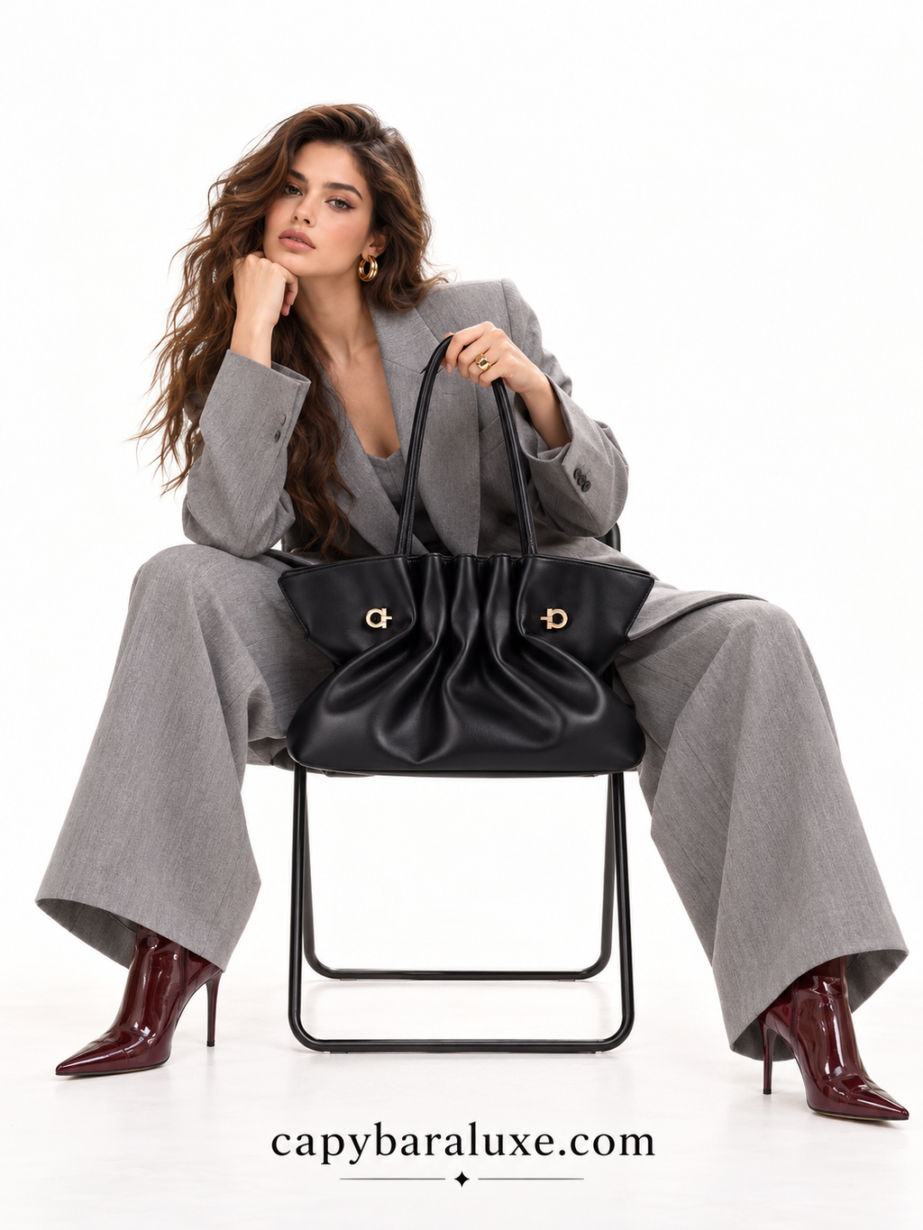 Women’s Black Ruched Leather Tote Bag with Gold-Tone Hardware