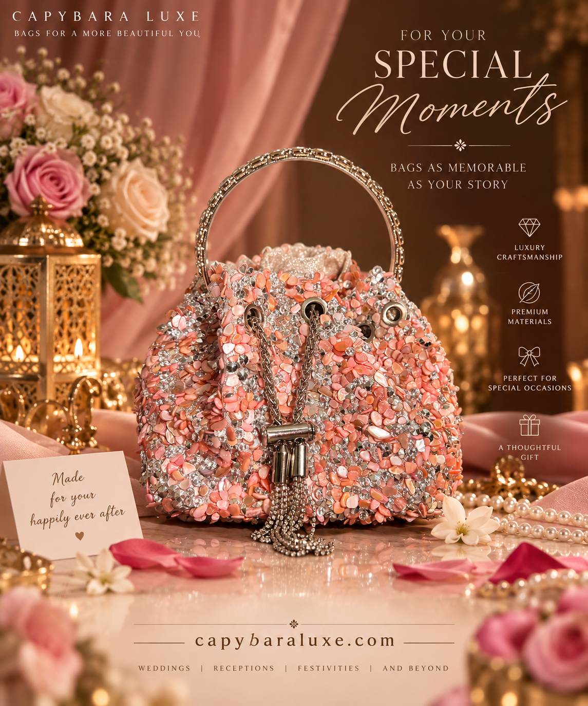 Capybara Luxe Pearl Blossom Potli Bag – Luxury Festive Handbag