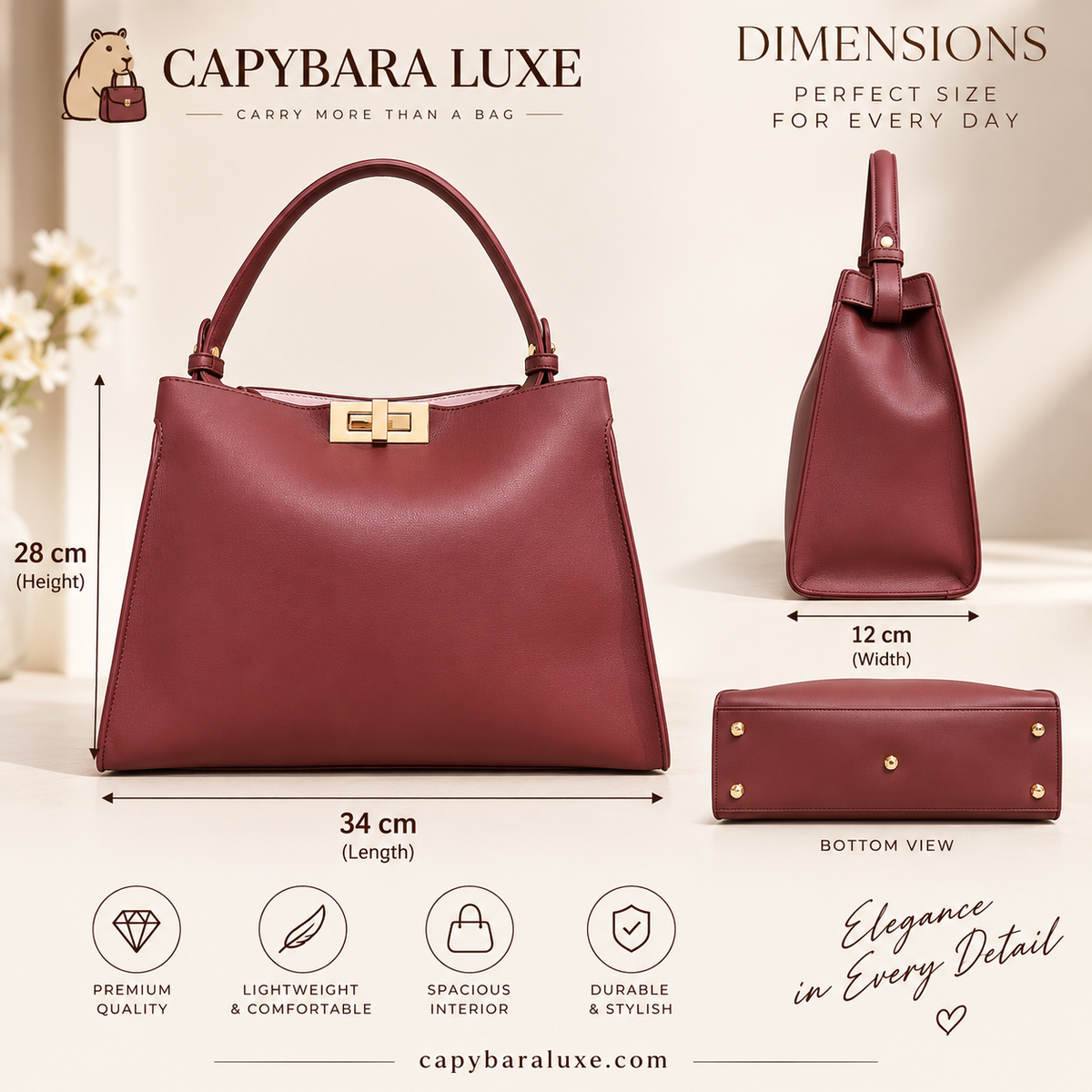 Capybara Luxe Burgundy Premium Handbag – Timeless Elegance