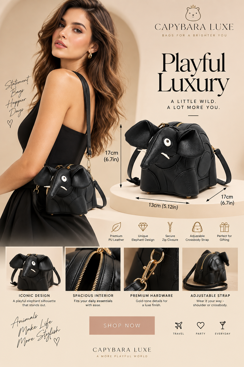 Luxe Black Elephant Shoulder Bag