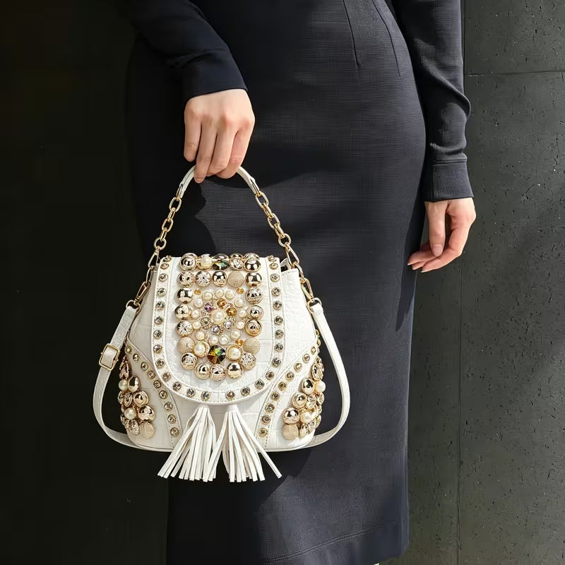 White Embellished Pearl & Gold Beardwork  Handbag