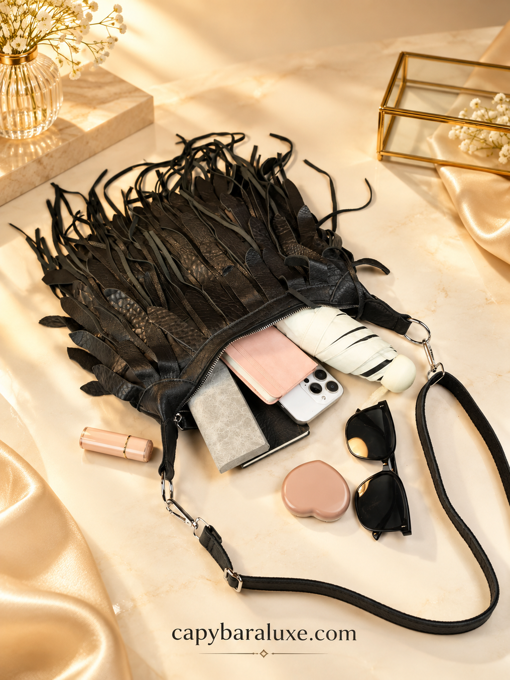 Black Leather Fringe Crossbody Bag for Women | Capybaraluxe
