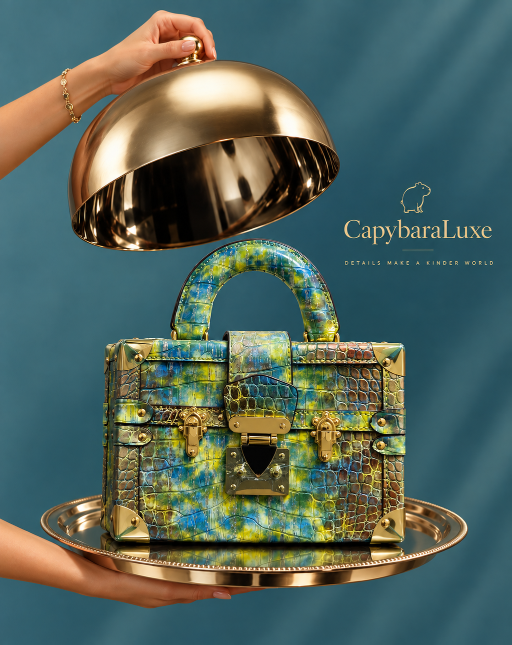 A luxury structured handbag with a blue and yellow crocodile-embossed pattern and gold hardware, presented on a gold serving tray with a matching gold cloche lid being lifted by hands against a teal background. The brand logo 'CapybaraLuxe' is visible on the right.