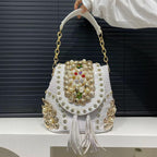 White Embellished Pearl & Gold Beardwork  Handbag