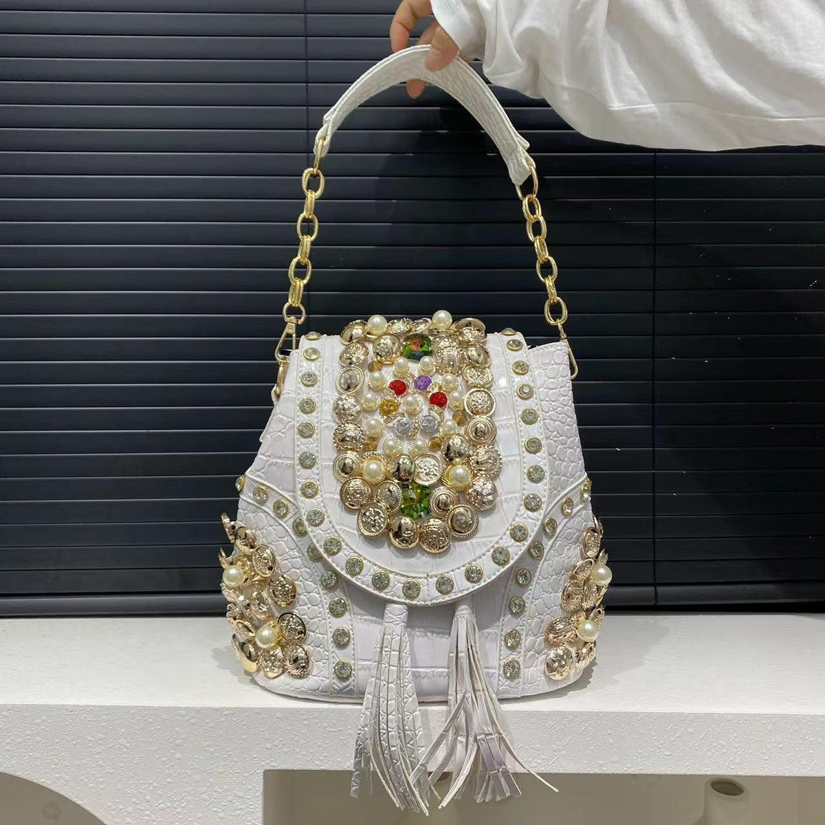 White Embellished Pearl & Gold Beardwork  Handbag