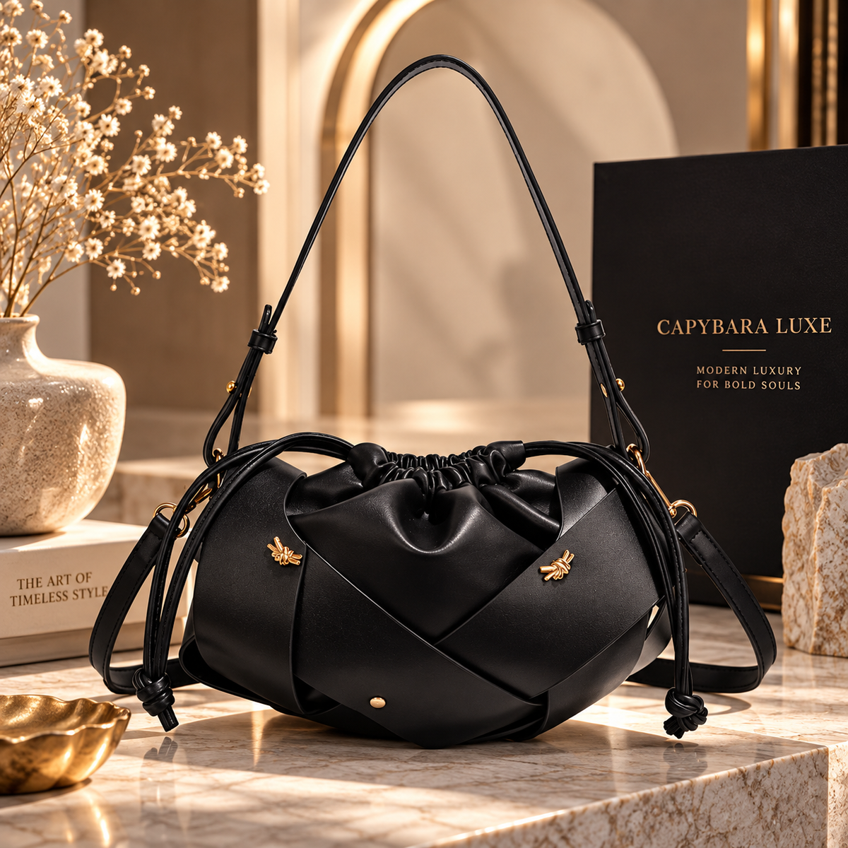 A black leather crescent-shaped shoulder bag with gold wing hardware, displayed on a marble surface next to a black box labeled CAPYBARA LUXE.
